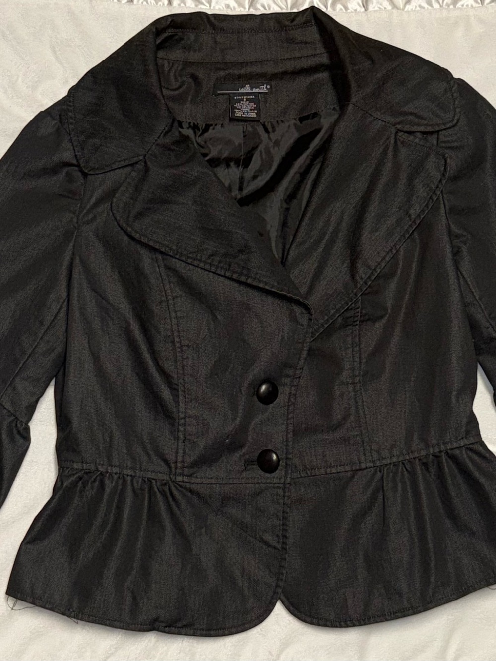 Willi Smith Black Peplum Blazer Jacket Size 8 Button Front 3/4 Sleeve